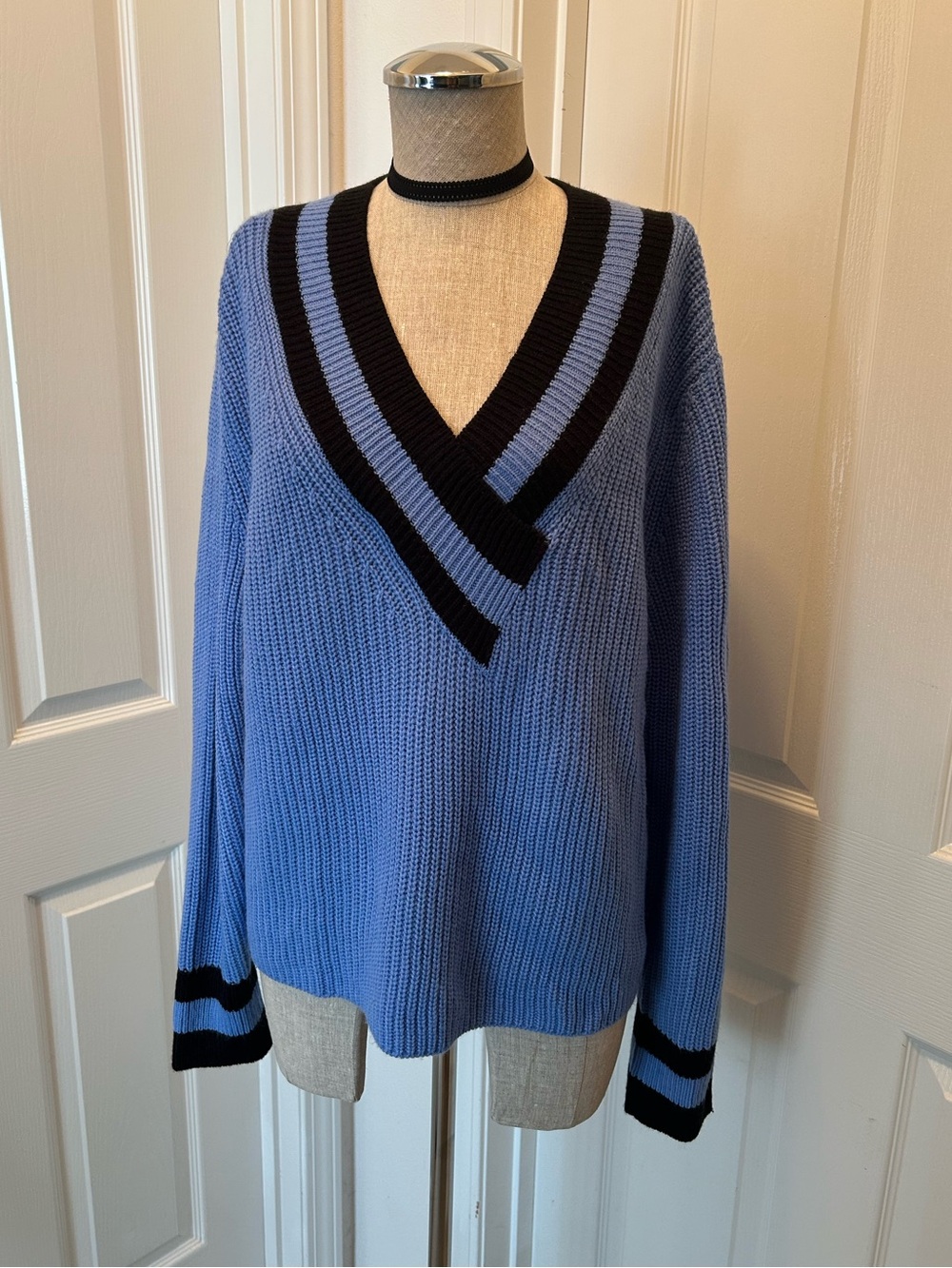 DKNY Blue V-Neck Stripe Trim Sweater